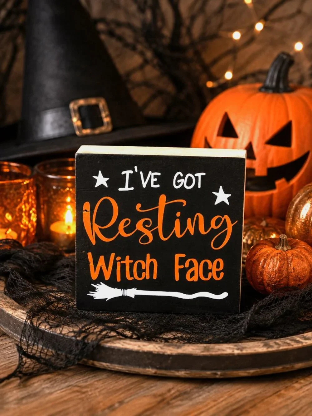 I've Got Resting Witch Face Wood Block Sign Funny Halloween Witch Home Décor NWT